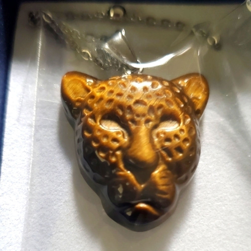 African Tigers Eye Leopard Head Pendant Necklace